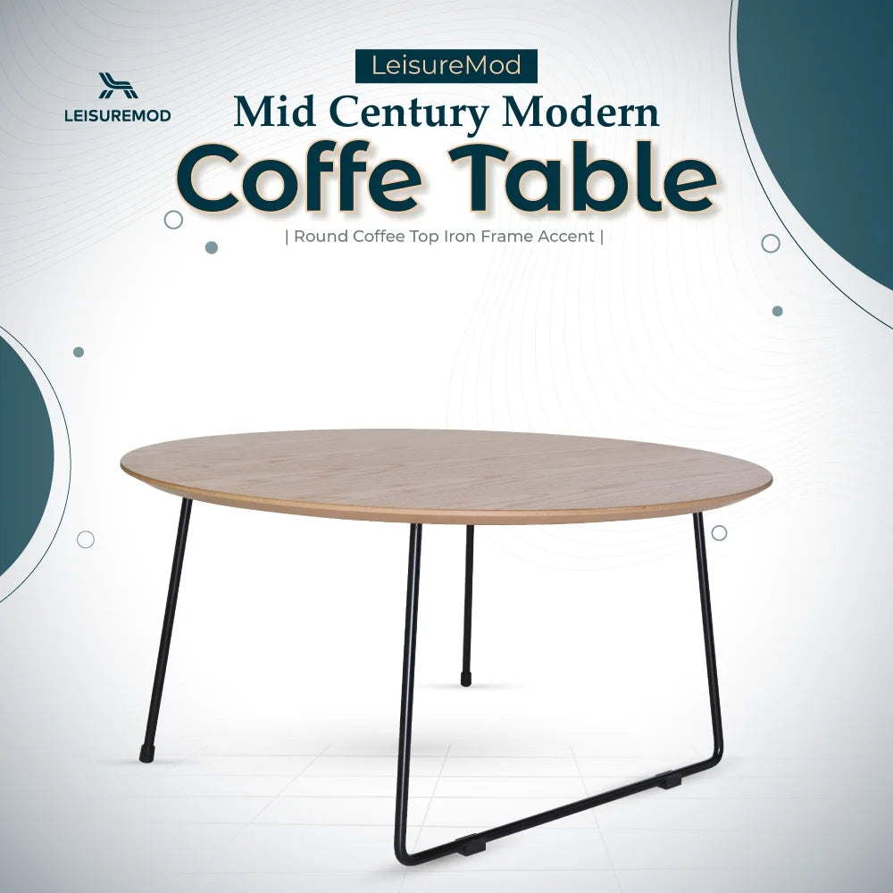 Mid Century Modern Round Coffee Table with Wood Top C1035