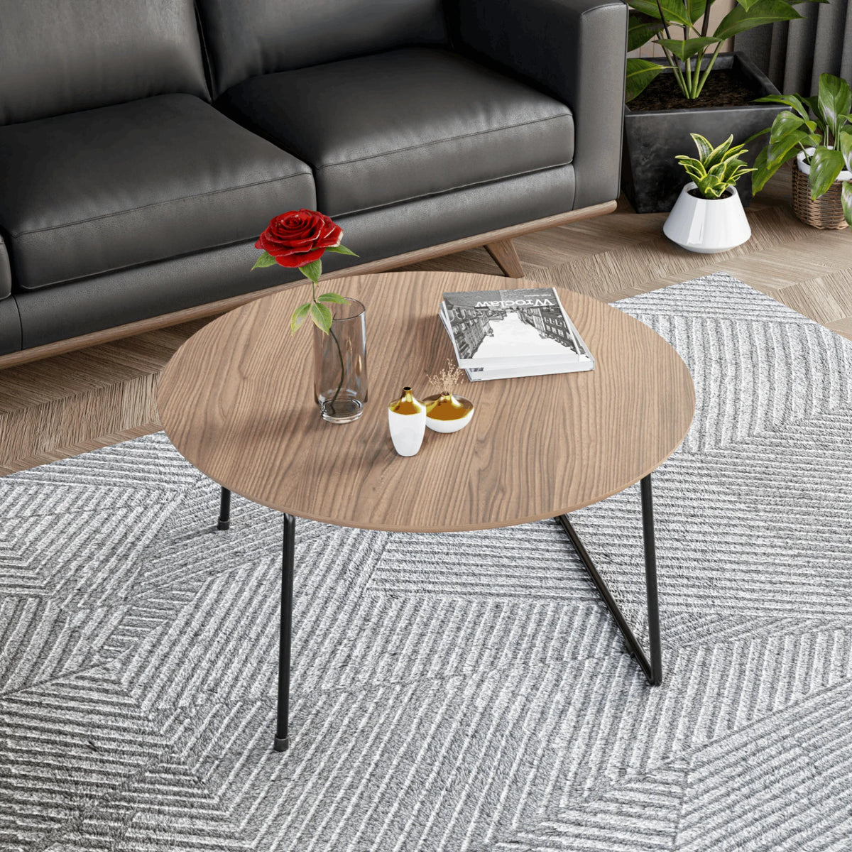 Mid Century Modern Round Coffee Table with Wood Top C1035