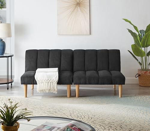 Blue Corduroy Convertible Futon Sofa Bed with Wooden Legs Q117744