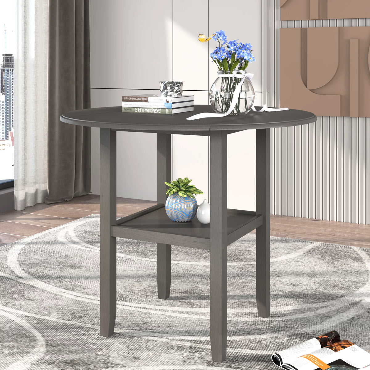 3 Piece Round Drop Leaf Dining Table Set with 2 Chairs U29677