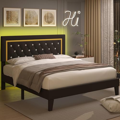 Black Upholstered Platform Bed Frame with LED Light T6653