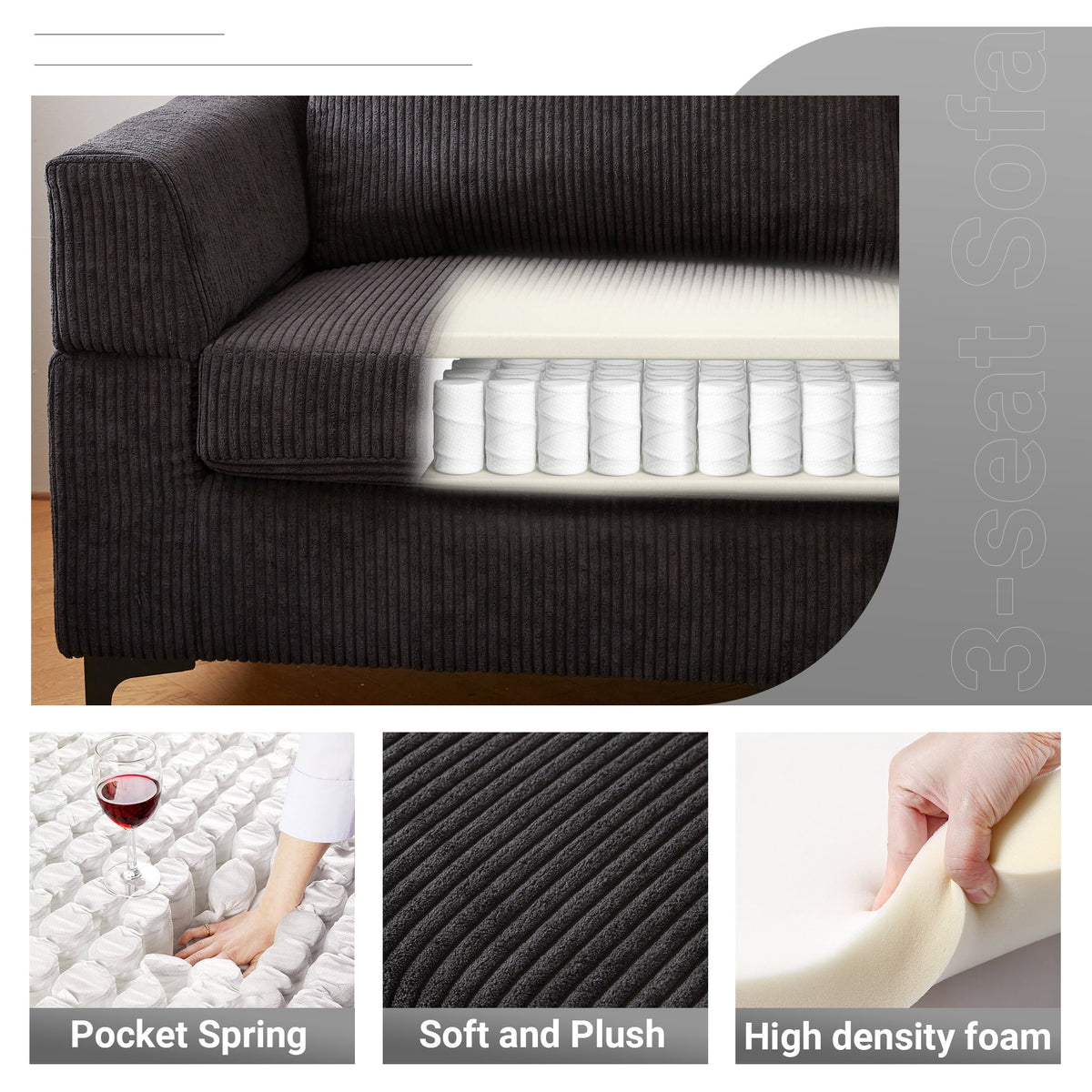 96" 3-Seat Sectional Sofa with Chaise Black Z796
