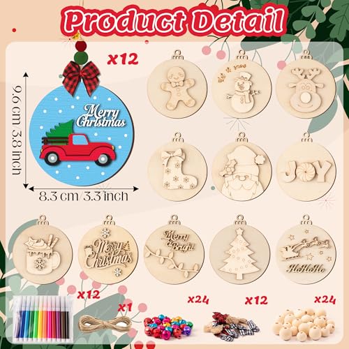 12 Styles Unfinished Wooden Christmas Ornaments Kit with Paint Pens C49307