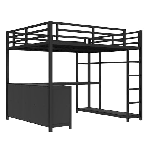 Queen Metal Loft Bed with Wardrobe, Desk and Shelves C112