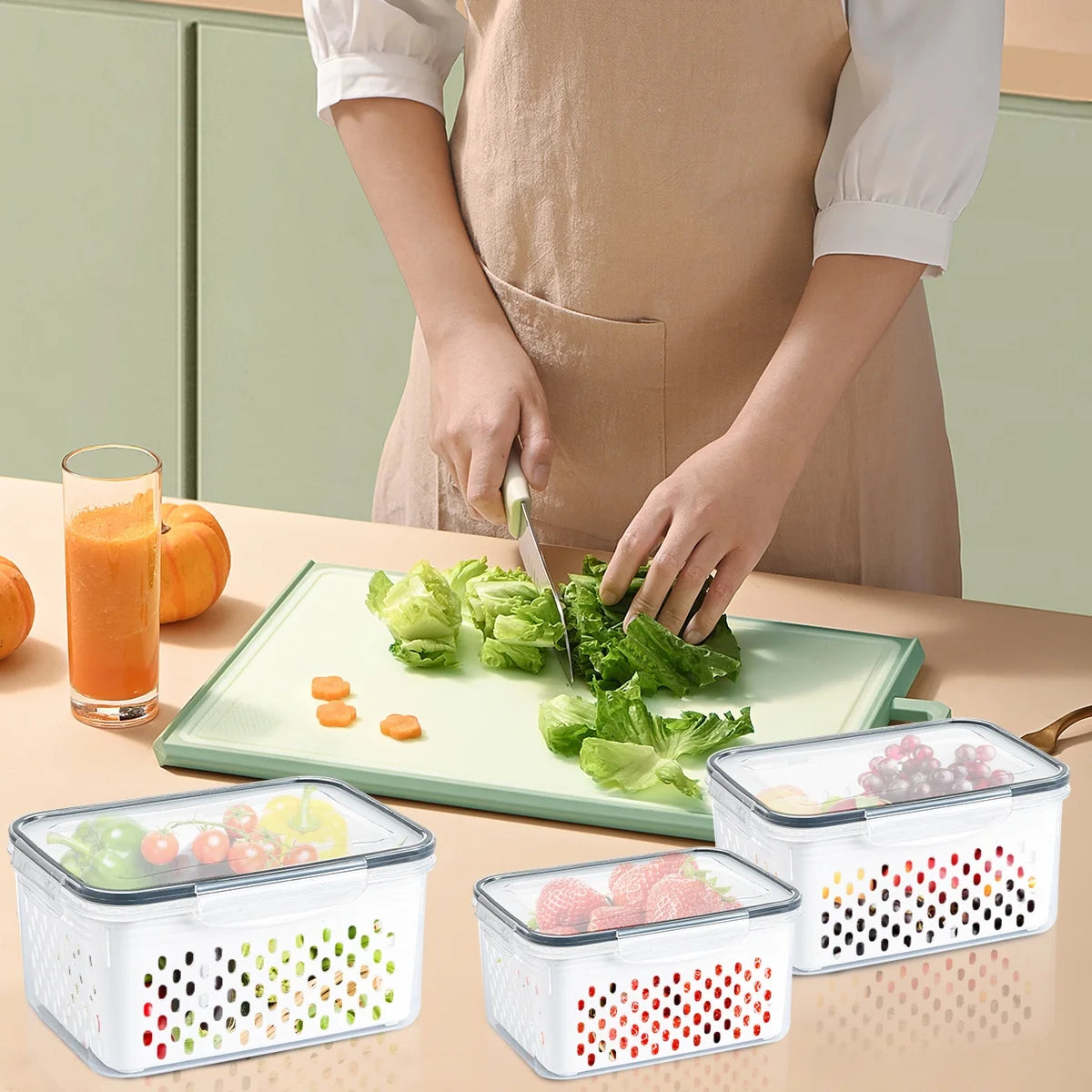 3 Pack Refrigerator Organizer Food Containers with Lids and Drain Colanders O46717