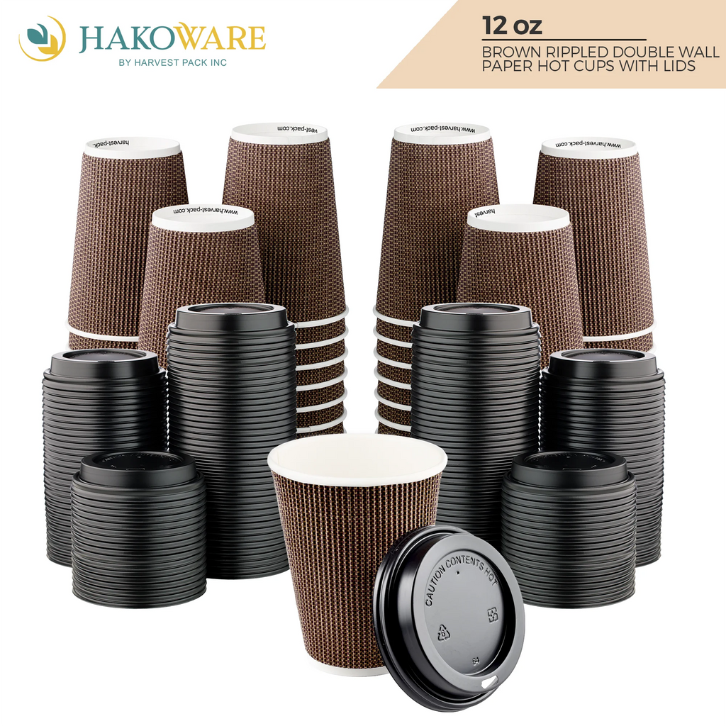 Disposable 12 fl oz Brown Rippled Double-Walled Paper Hot Cup with Lid 400 Sets Q356