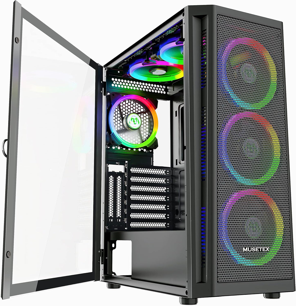Black Mid-Tower ATX PC Case with 6pcs 120mm ARGB Fans, Tempered Glass Side Panels W3431