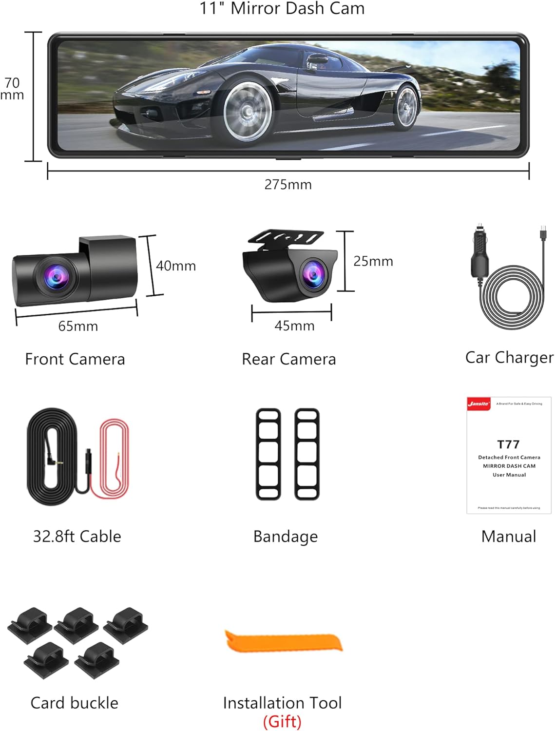 Mirror Dash Cam with Detached Front Camera 11 Rear View Mirror Camera Front and Rear FHD 1080P Waterproof Backup Camera Full Touch Screen with Night Vision R203086