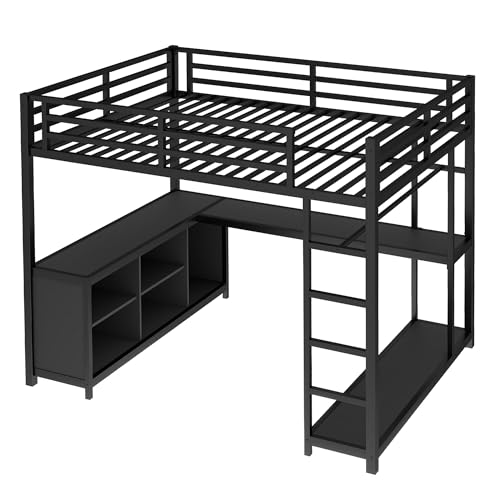 Queen Metal Loft Bed with Wardrobe, Desk and Shelves C112