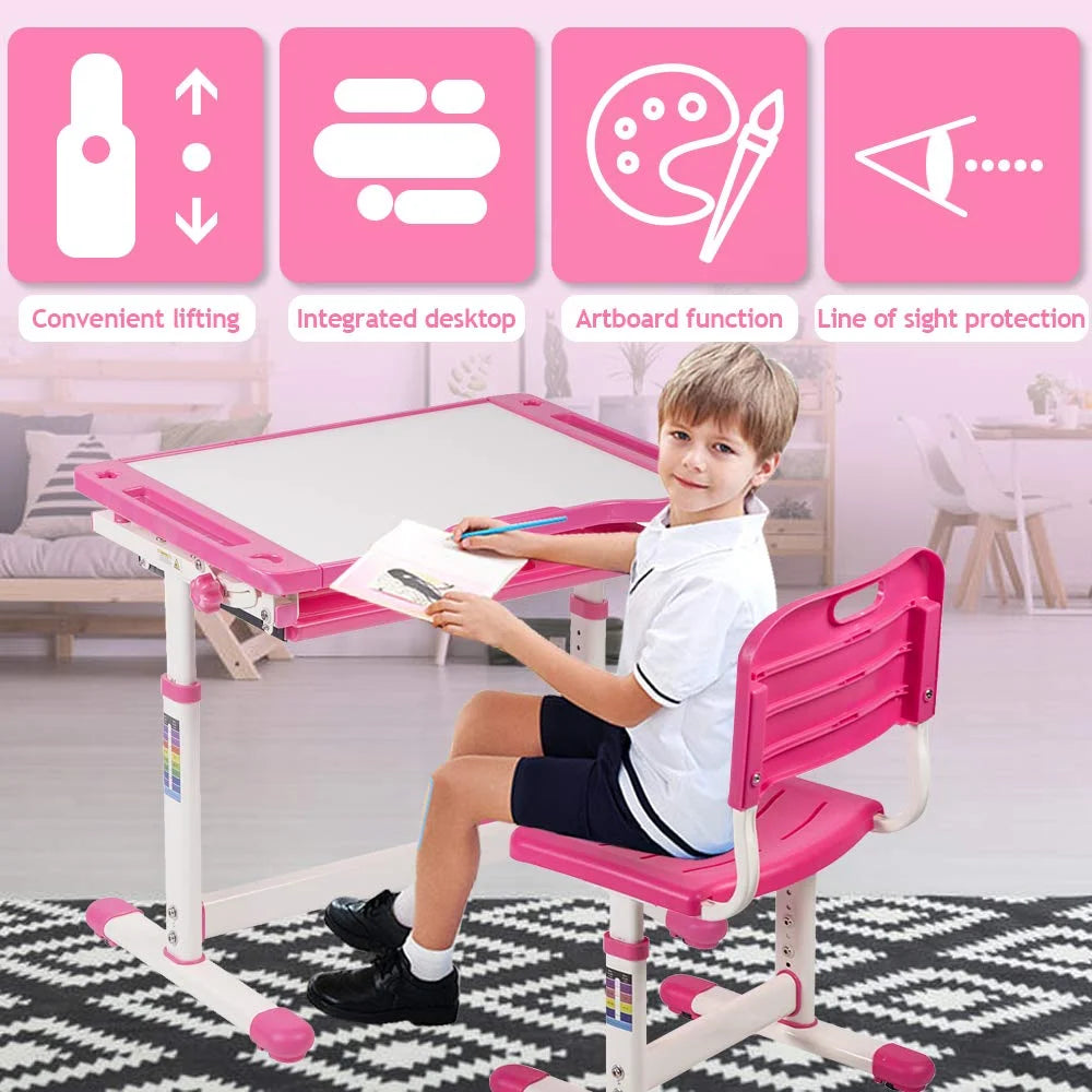 Kids Adjustable Height Ergonomic Desk and Chair Set with Storage Drawer W1348