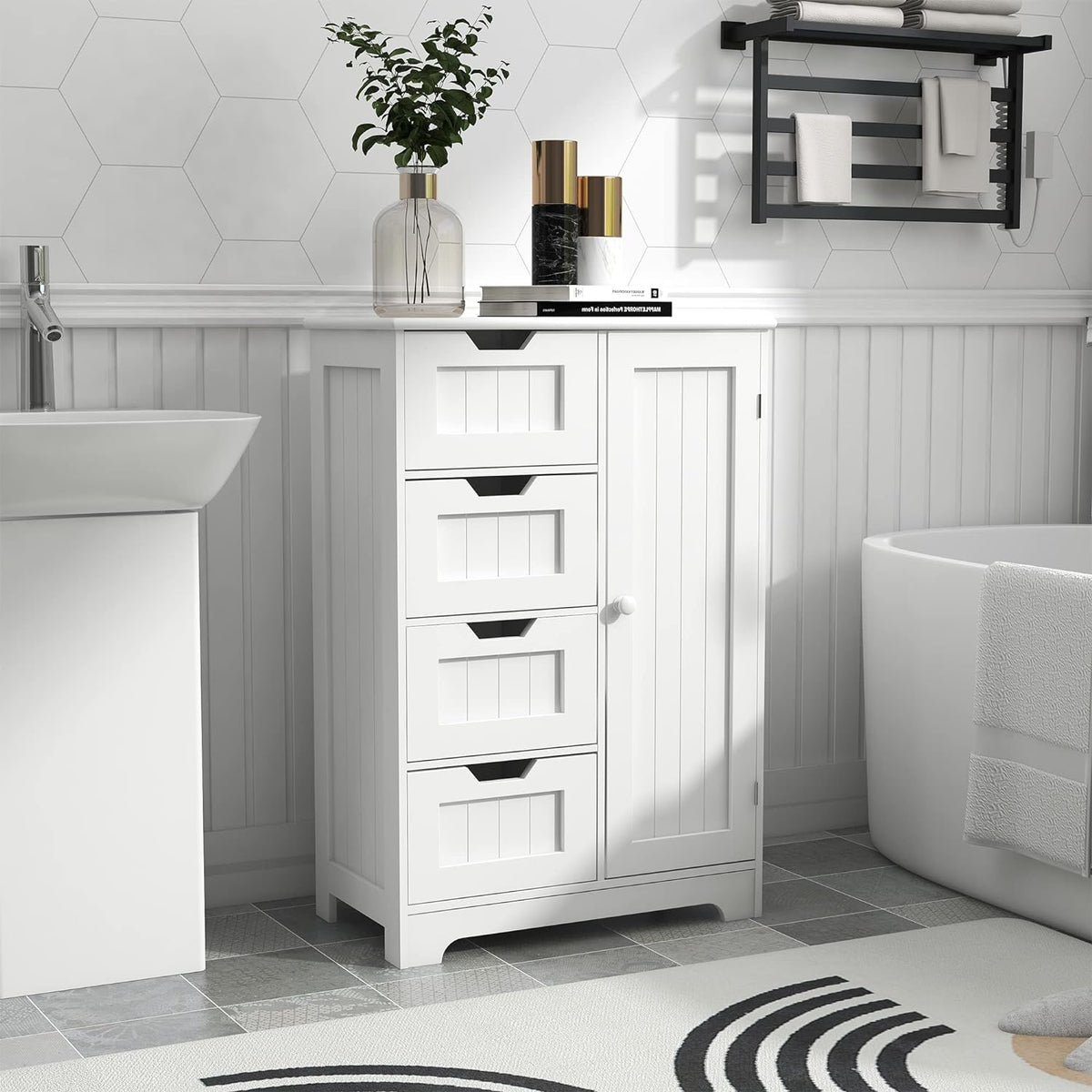 White Freestanding Bathroom Storage Cabinet with 4 Drawers and 1 Door N500