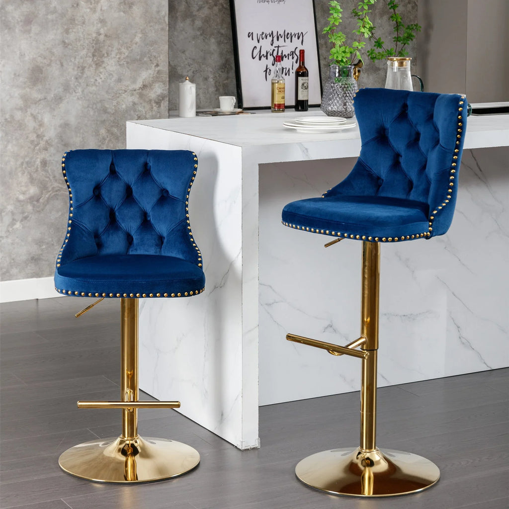 Golden Swivel Velvet Barstools Adjustable Height Blue Set of 2 T227992