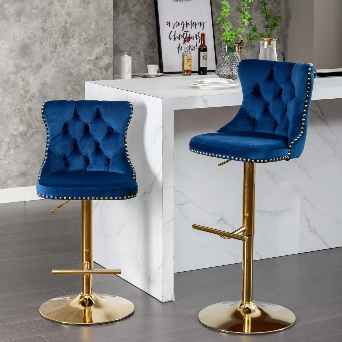 Golden Swivel Velvet Barstools Adjustable Height Blue Set of 2 T227992