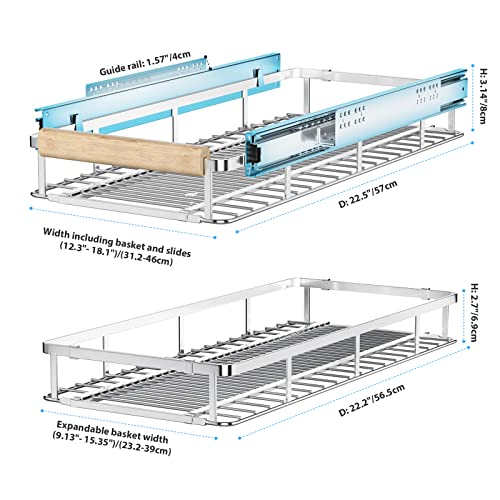 Extendable Slide Out Cabinet Organizer Pull Out Pantry Shelves Drawers Under Sink Sliding Basket, Adjusted Width 16.1"-26.3", 2 Pack O4204