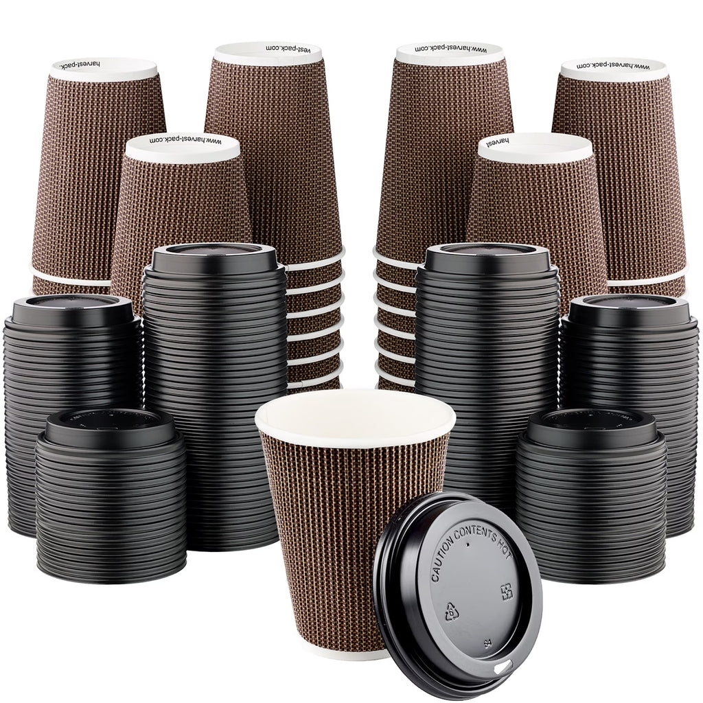 Disposable 12 fl oz Brown Rippled Double-Walled Paper Hot Cup with Lid 400 Sets Q356