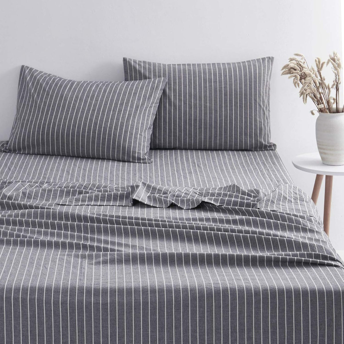 Navy Striped 100% Washed Cotton 4pcs King Size Sheet Set Z2737
