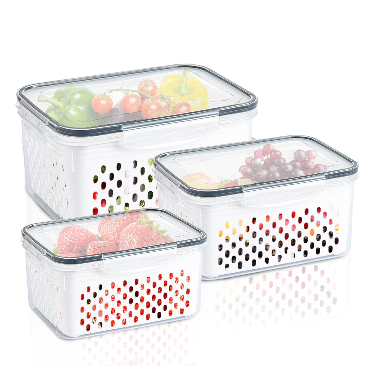 3 Pack Refrigerator Organizer Food Containers with Lids and Drain Colanders O46717
