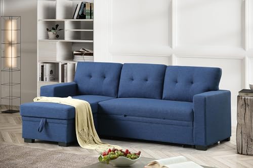 Blue Linen L Shaped Sectional Sofa with Pull Out Bed and Storage Chaise I34439