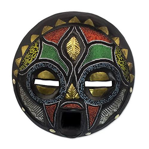 Hand Beaded African Wood Mask Wall Decor A4668
