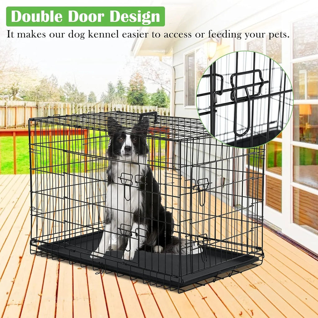 42 inch Double-Door Folding Metal Dog Crate with Plastic Tray U9298