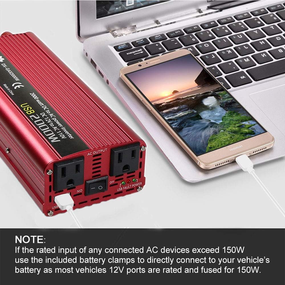 1200W DC to AC 12V to 110V Car Power Inverter with 3.1A USB and Battery Clips N408