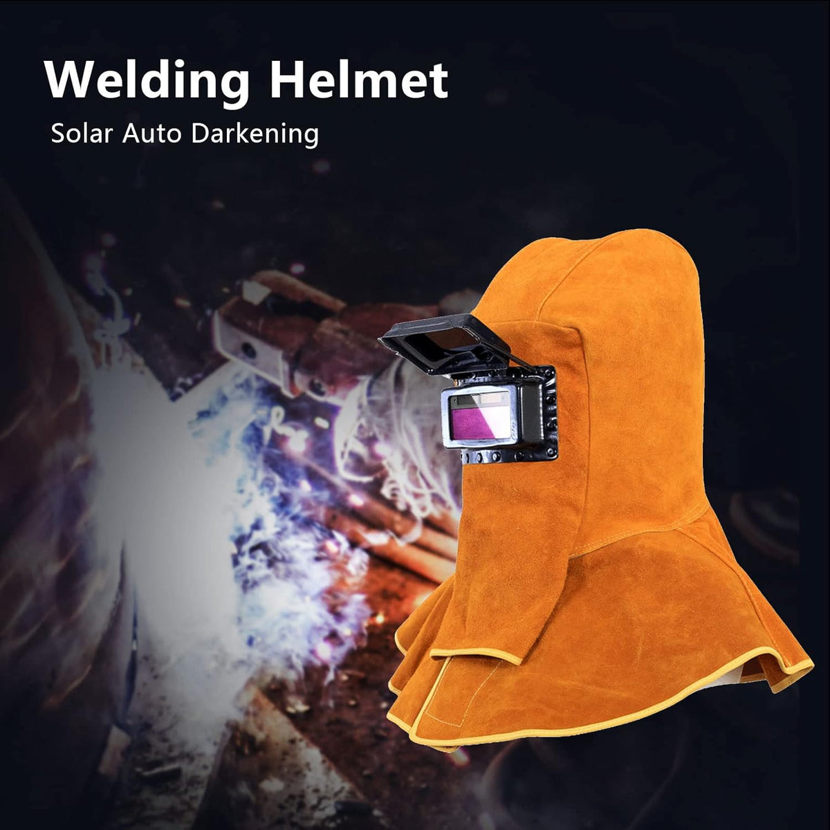 Yellow Leather Welding Helmet with Solar Auto Darkening Filter Q389006
