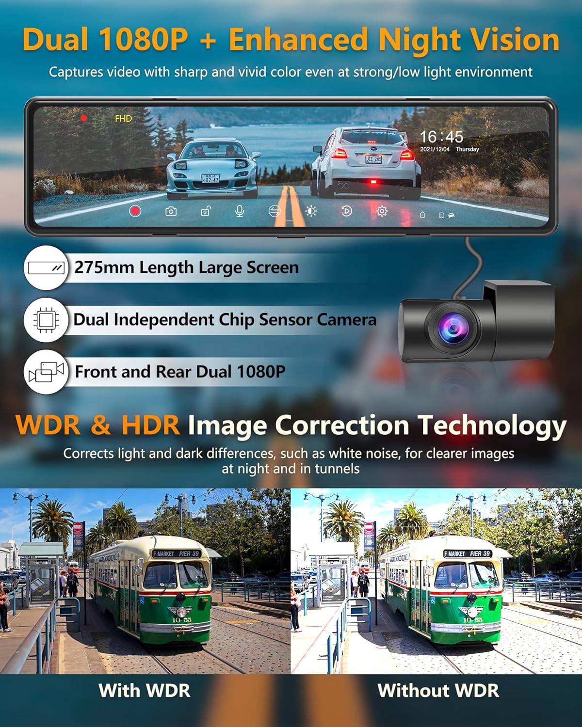 Mirror Dash Cam with Detached Front Camera 11 Rear View Mirror Camera Front and Rear FHD 1080P Waterproof Backup Camera Full Touch Screen with Night Vision R203086