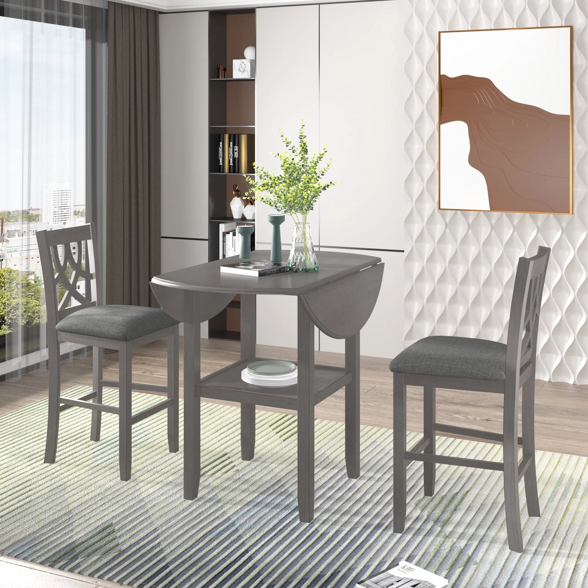 3 Piece Round Drop Leaf Dining Table Set with 2 Chairs U29677