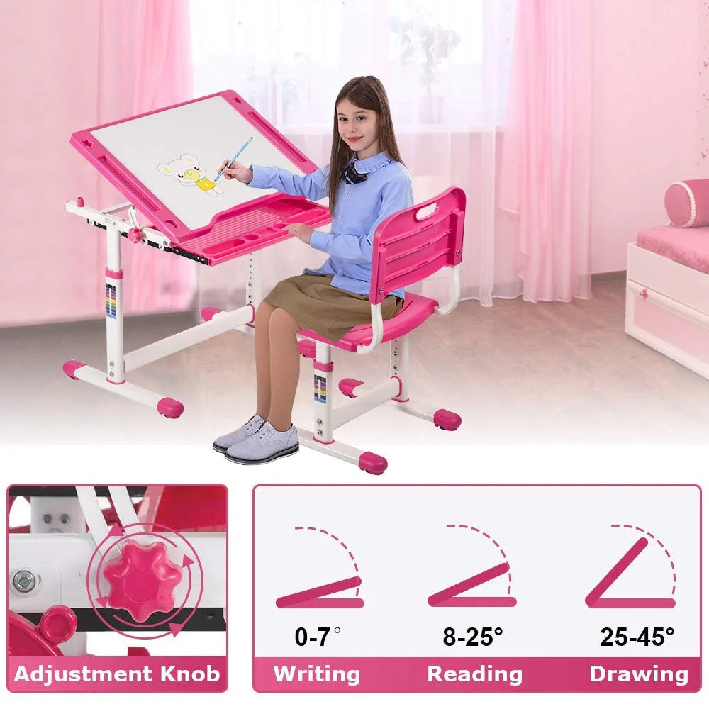 Kids Adjustable Height Ergonomic Desk and Chair Set with Storage Drawer W1348