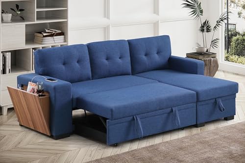 Blue Linen L Shaped Sectional Sofa with Pull Out Bed and Storage Chaise I34439