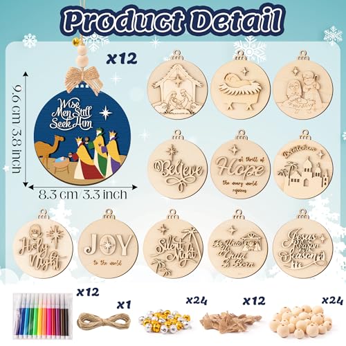 12 Styles Unfinished Wooden Christmas Ornaments Kit with Paint Pens C49307