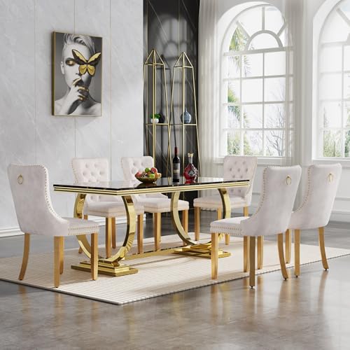 7 Piece White Marble Dining Table Set with 6 Grey Velvet Upholstered Chairs E7371