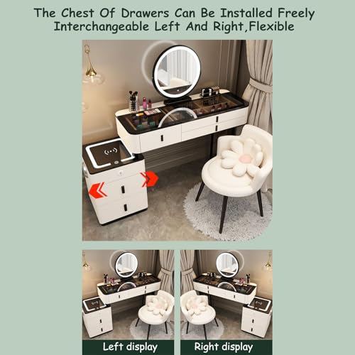 Vanity Mirror with Lights and Desk, Round 3-Colors Lights, with Cushioned Stool, with 2 Drawers and Storage Shelves, Glass Table Top D9252