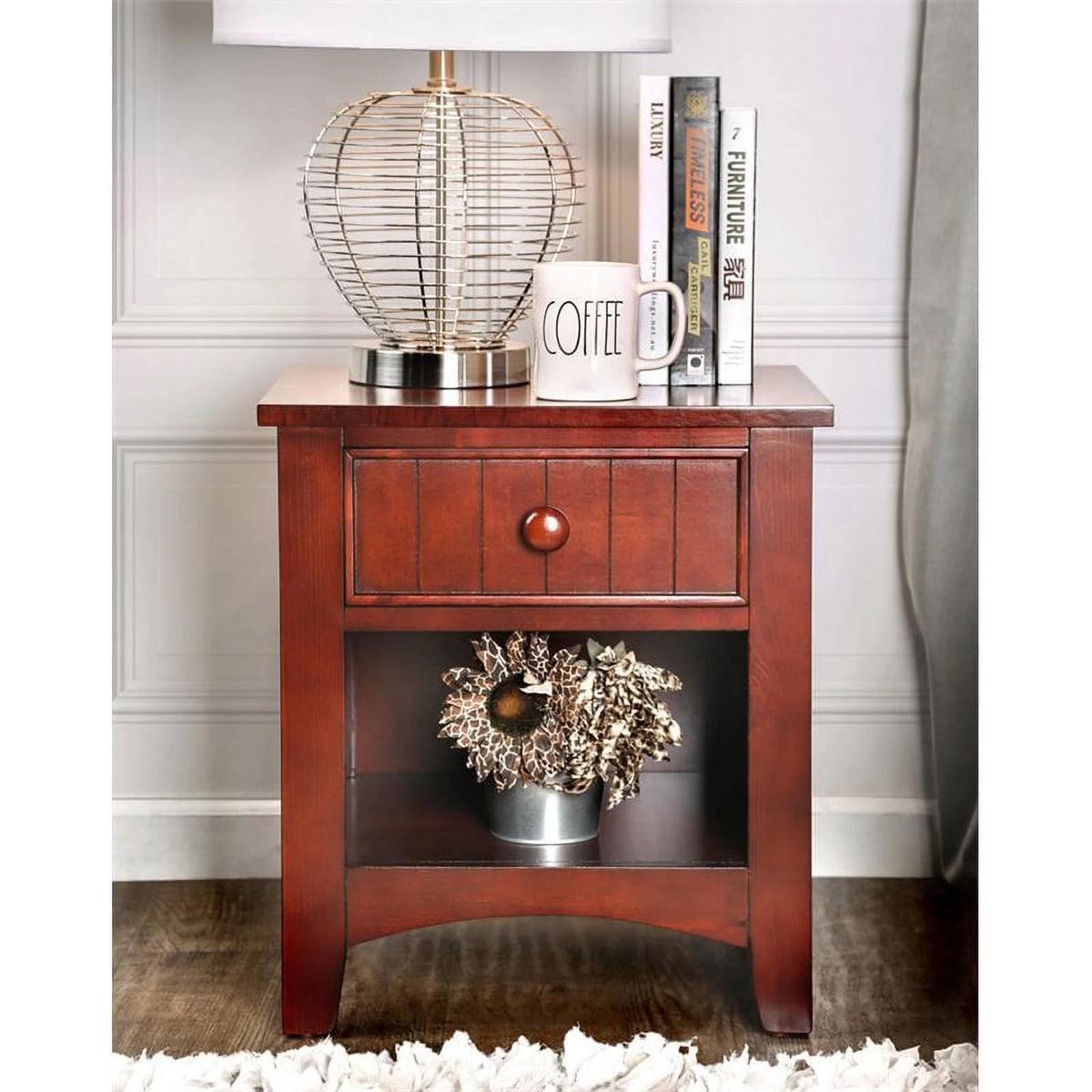 Solid Wood 1-Drawer Nightstand in Cherry D903