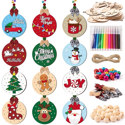 12 Styles Unfinished Wooden Christmas Ornaments Kit with Paint Pens C49307