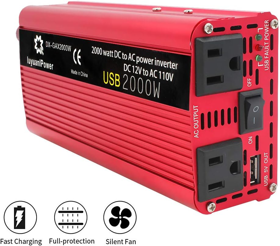 1200W DC to AC 12V to 110V Car Power Inverter with 3.1A USB and Battery Clips N408