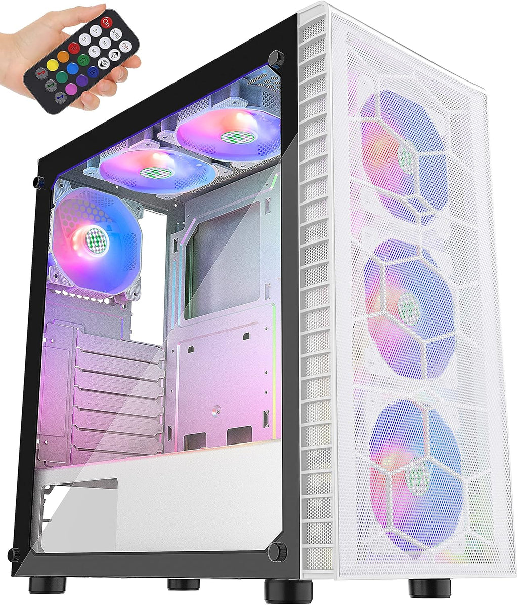 Black Mid-Tower ATX PC Case with 6pcs 120mm ARGB Fans, Tempered Glass Side Panels W3431