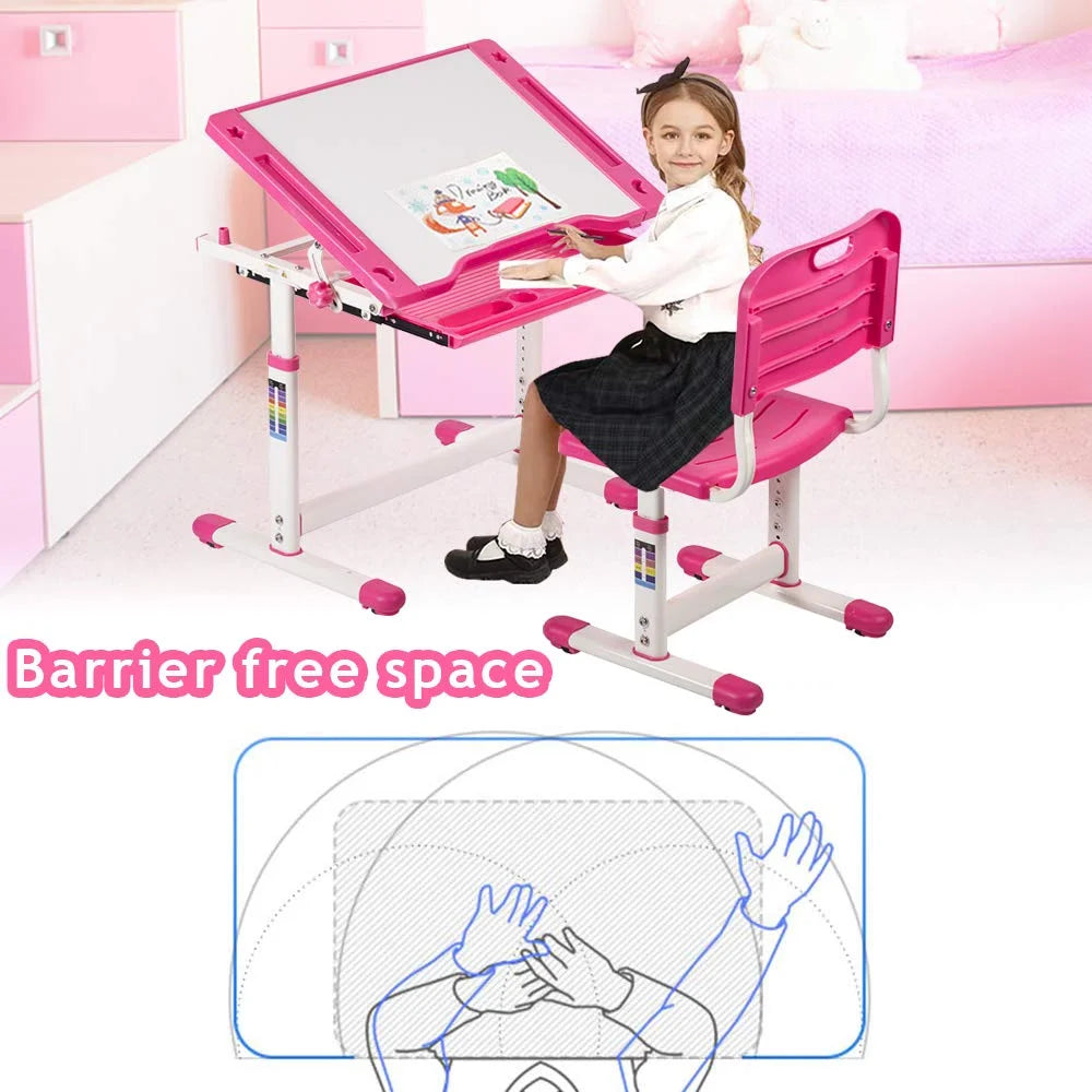 Kids Adjustable Height Ergonomic Desk and Chair Set with Storage Drawer W1348