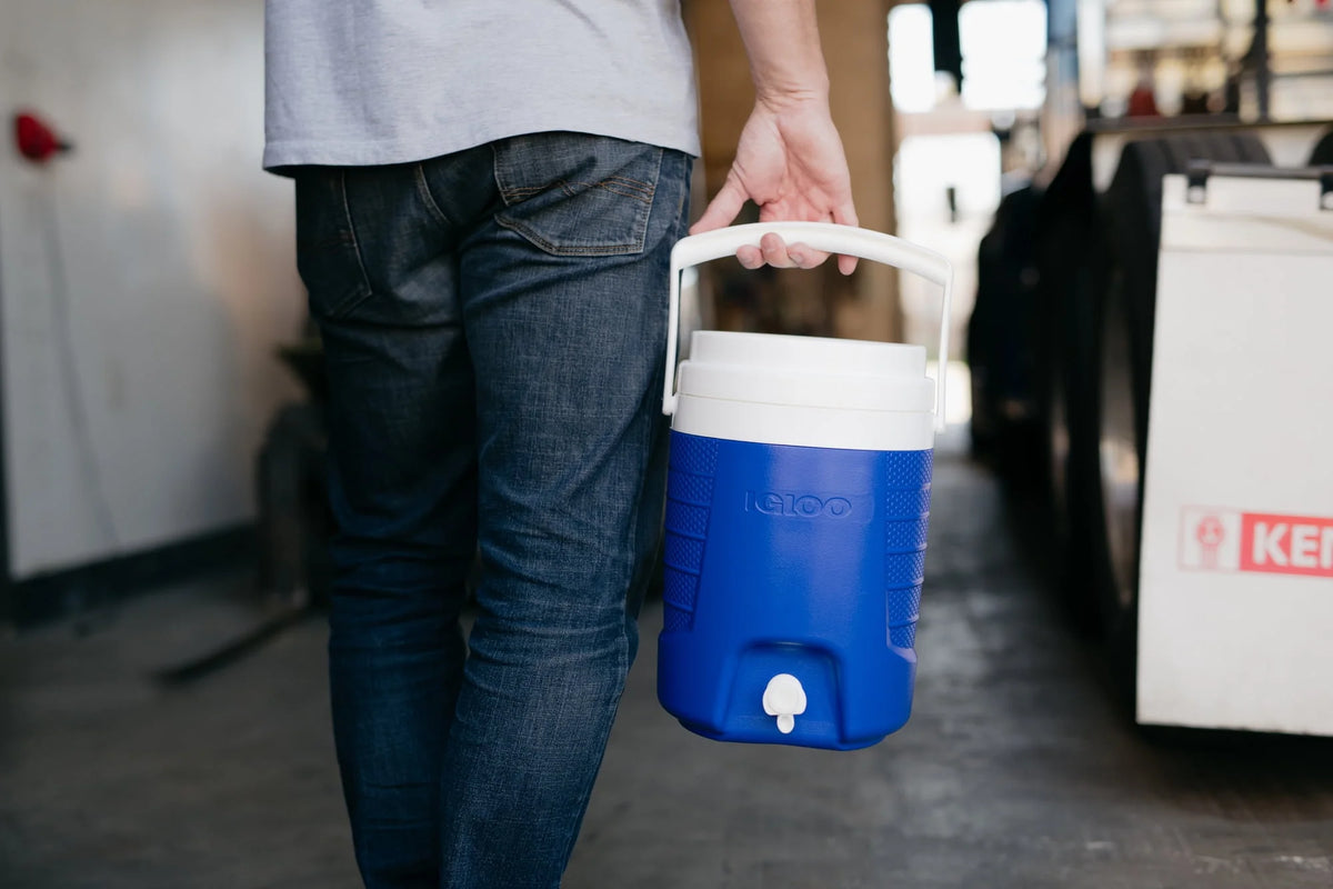 2-Gallon Plastic Beverage Jug with Hooks Blue Y338237
