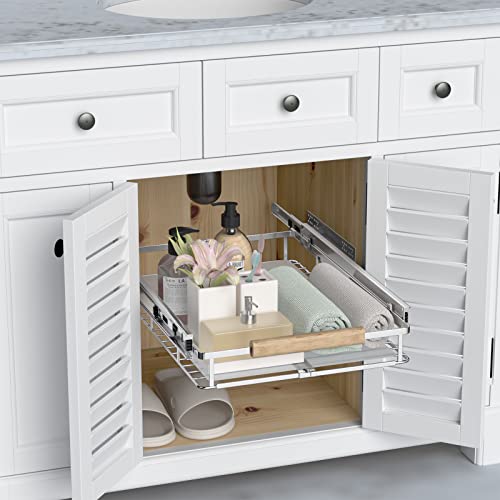 Extendable Slide Out Cabinet Organizer Pull Out Pantry Shelves Drawers Under Sink Sliding Basket, Adjusted Width 16.1"-26.3", 2 Pack O4204