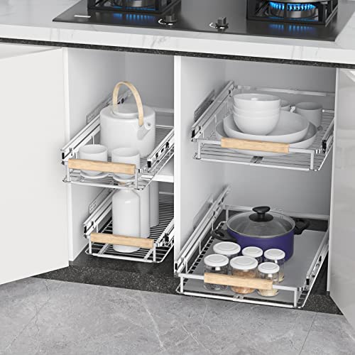 Extendable Slide Out Cabinet Organizer Pull Out Pantry Shelves Drawers Under Sink Sliding Basket, Adjusted Width 16.1"-26.3", 2 Pack O4204