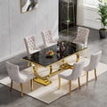7 Piece White Marble Dining Table Set with 6 Grey Velvet Upholstered Chairs E7371