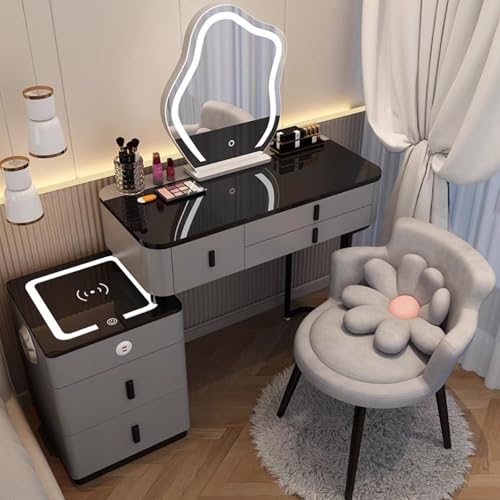 Vanity Mirror with Lights and Desk, Round 3-Colors Lights, with Cushioned Stool, with 2 Drawers and Storage Shelves, Glass Table Top D9252