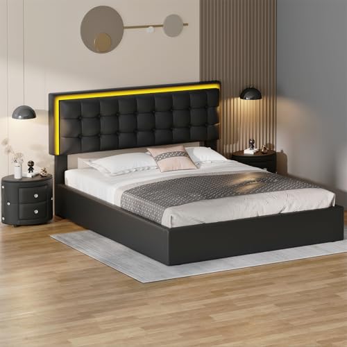 Queen Size Upholstered Bed with LED Headboard and 2 Nightstand with Drawers W3697