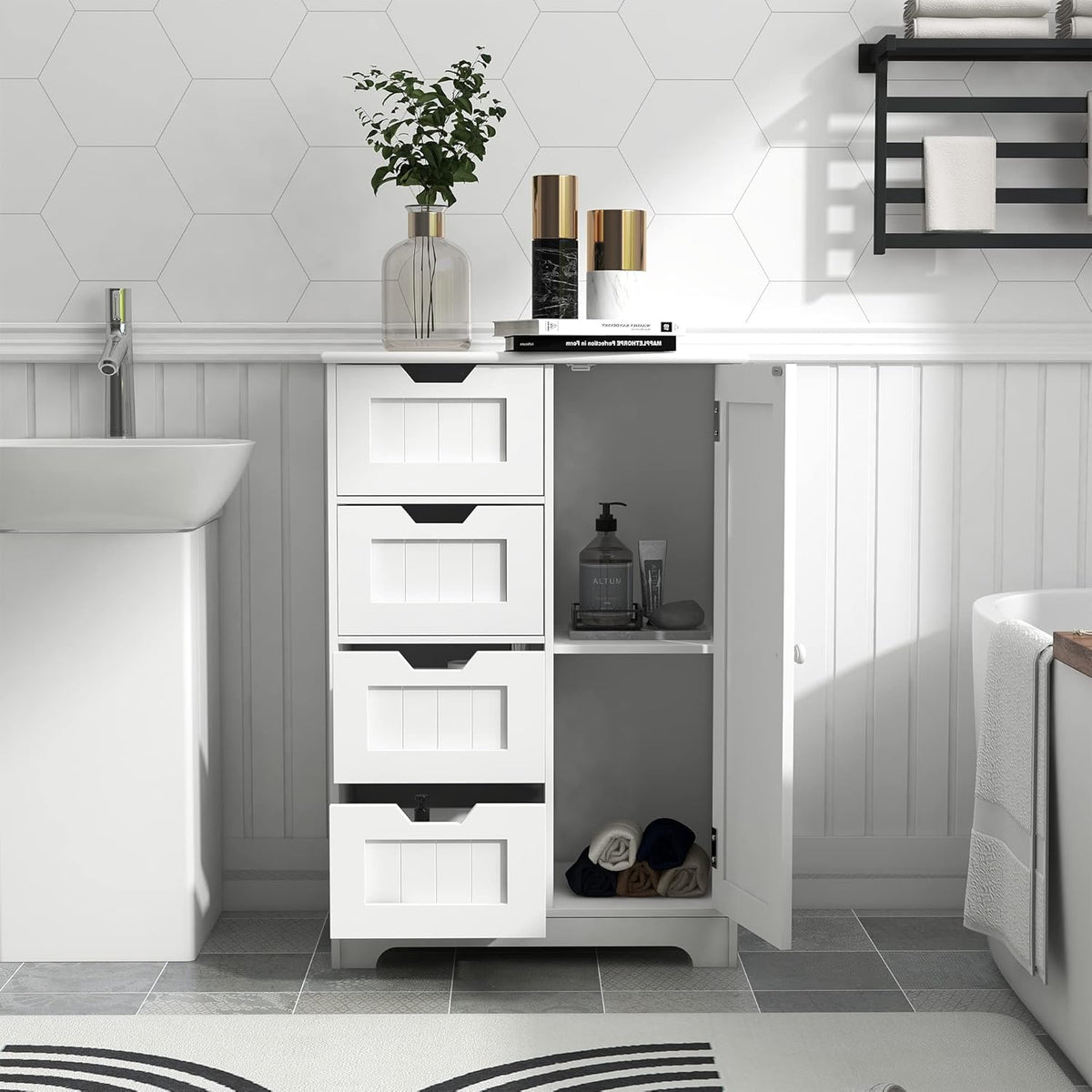 White Freestanding Bathroom Storage Cabinet with 4 Drawers and 1 Door N500