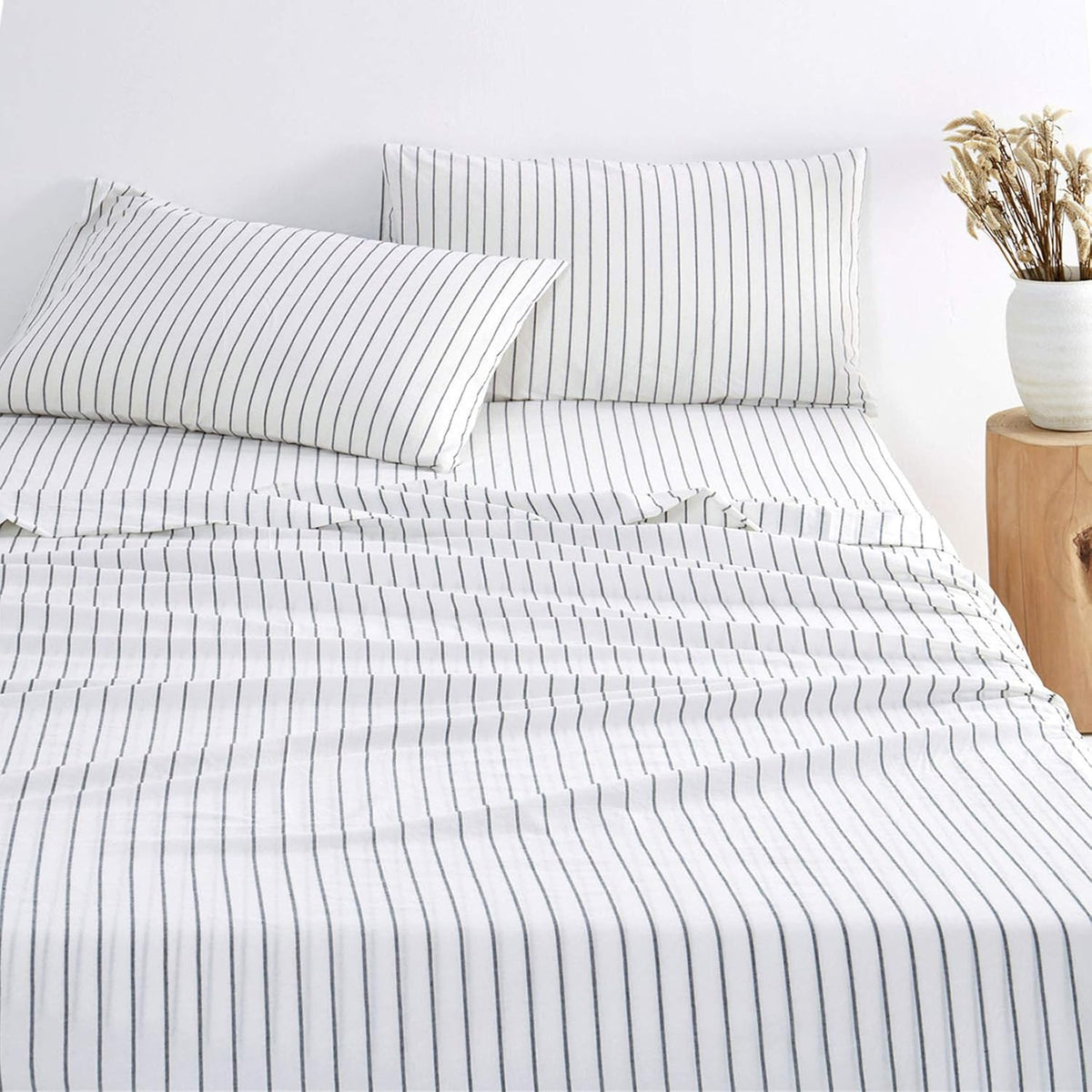 Navy Striped 100% Washed Cotton 4pcs King Size Sheet Set Z2737