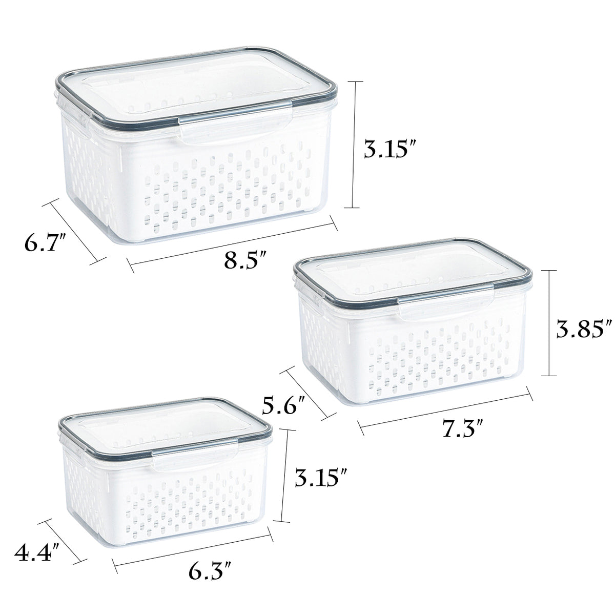 3 Pack Refrigerator Organizer Food Containers with Lids and Drain Colanders O46717