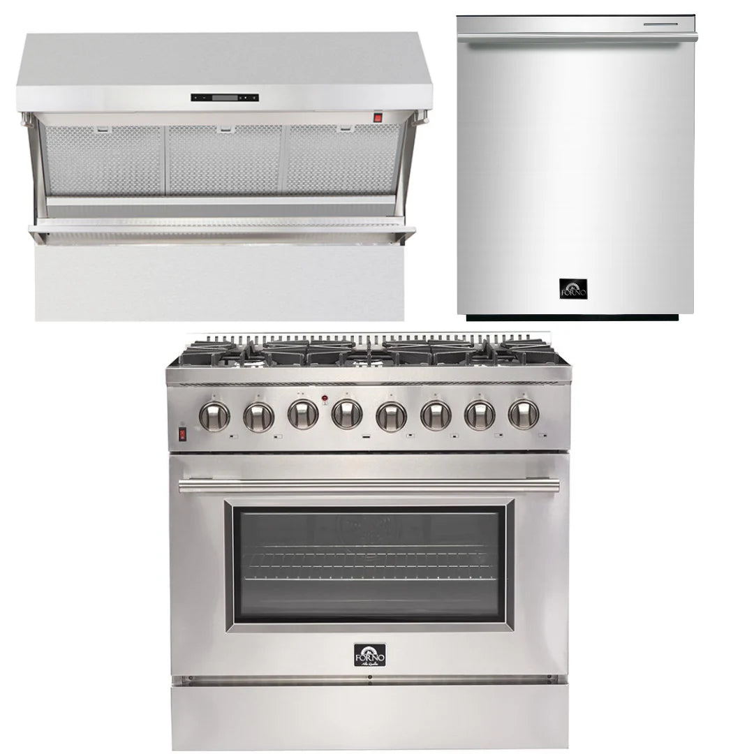 36 Inch Dual Fuel Range, Wall Mount Range Hood, Dishwasher V7066
