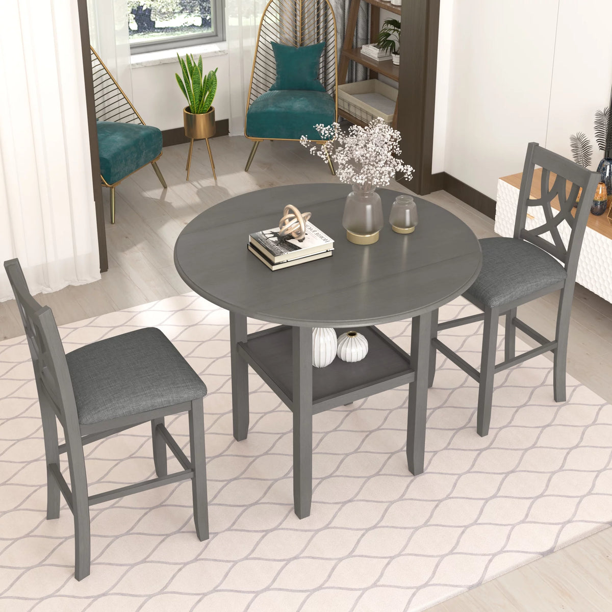 3 Piece Round Drop Leaf Dining Table Set with 2 Chairs U29677