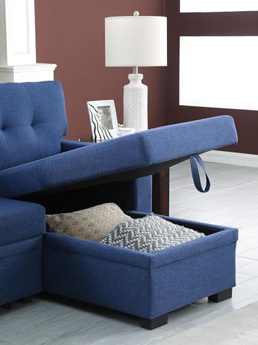 Blue Linen L Shaped Sectional Sofa with Pull Out Bed and Storage Chaise I34439